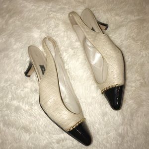 Bally Cream/Black Quilted Slingback Cap Toe Pumps